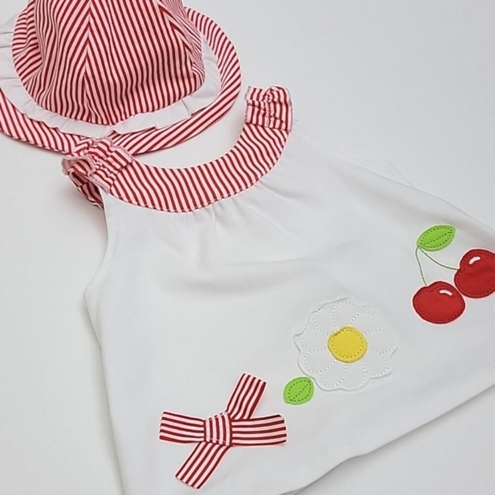 Mayoral Red Cherries and Daisy Sleeveless Top with Matching‎ Stripe Hat 6-9M